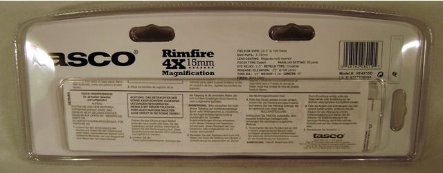 TASCO 4X15 RIMFIRE RIFLE SCOPE RF4X15D NEW 046162080191  
