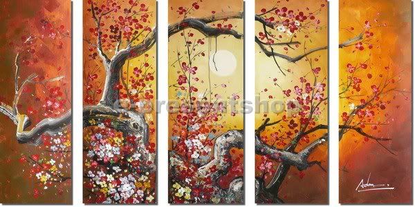 Large 5 Pcs Wall Art Landscape Tree Oil Painting Canvas Bhp357  