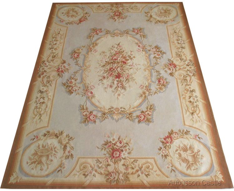   Rug PINK Roses LIGHT BLUE Background   Wool French Pastel $1600  
