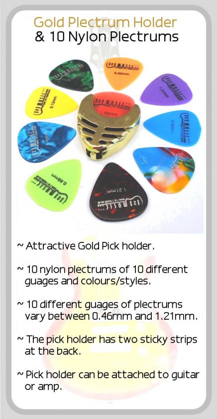 GOLD GUITAR PLECTRUM HOLDER 10 PLECTRUMS PICKS STRINGS  