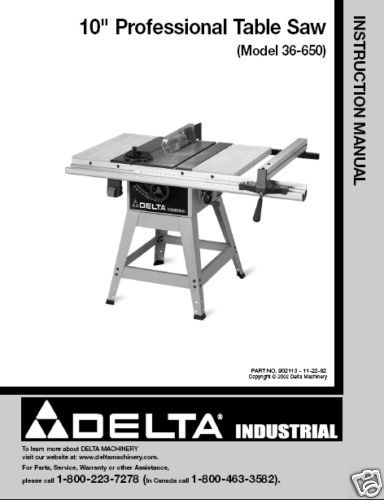 Delta 10 Table Saw Instruction Manual Model # 36 650  