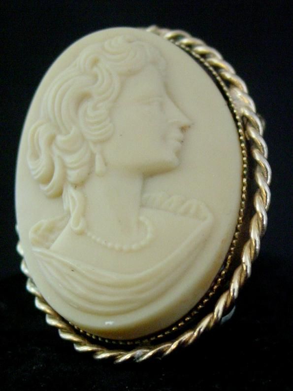   Revival Cameo Style Ceramic Brooch Pin Face Carved Gold Tone Metal